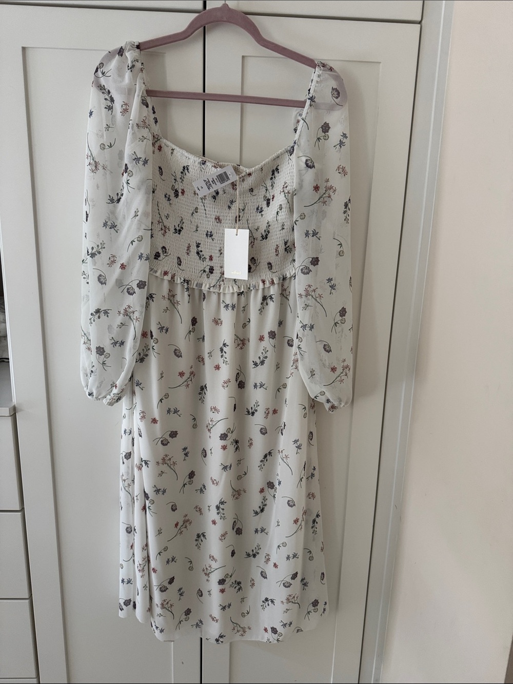 Wilfred Cream Floral Smocked Puff-Sleeve Dress- BNWT